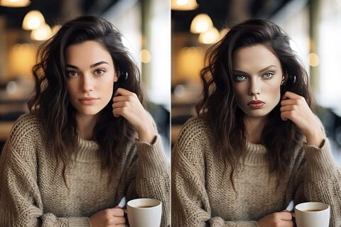 AI face swap before and after - realistic cafe portrait