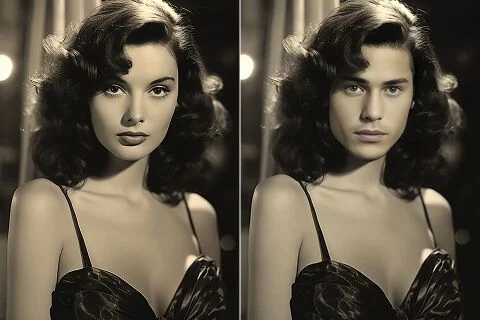 AI face swap before and after - vintage black and white photo